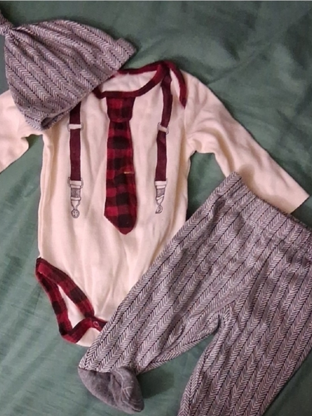 Baby Boy Plaid Tie & Suspenders Bodysuit with Herringbone Pants + Hat